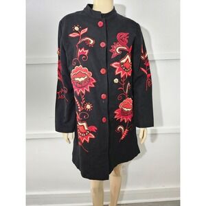 Indigo Moon Black Embroidered Floral Mandarin Collar Long Sleeve Jacket Size M
